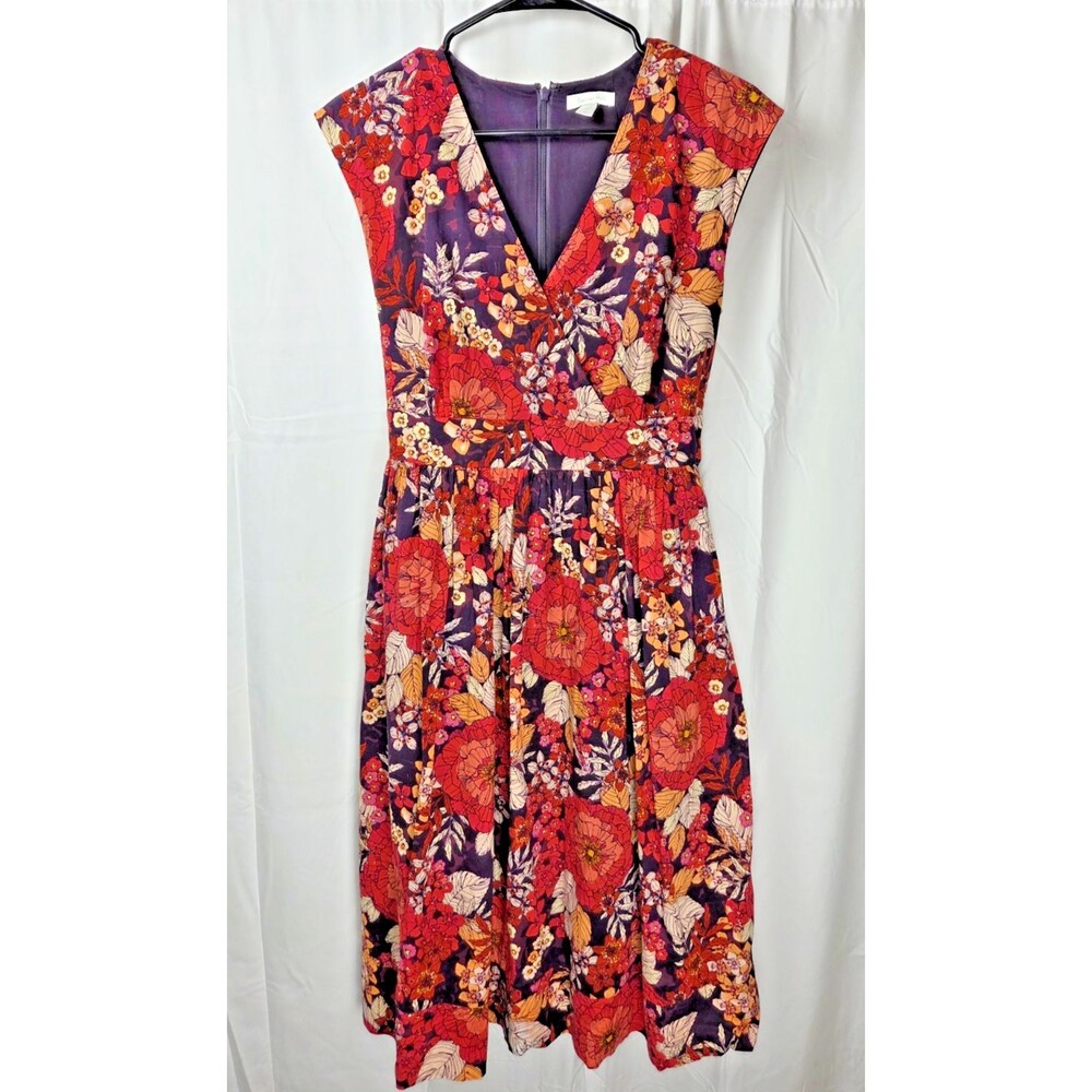 Garnet Hill Dress Womens 8 Floral 100% Cotton Fit Flare Waist Tie Midi - Picture 2 of 12